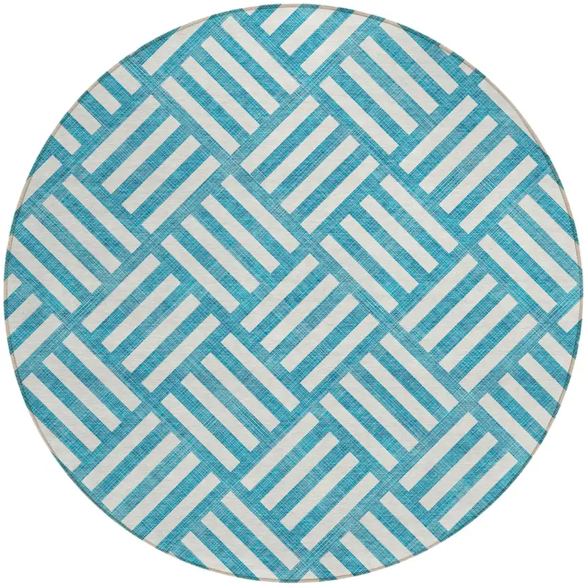 8' Teal Blue And Ivory Round Geometric Washable Indoor Outdoor Area Rug Photo 2