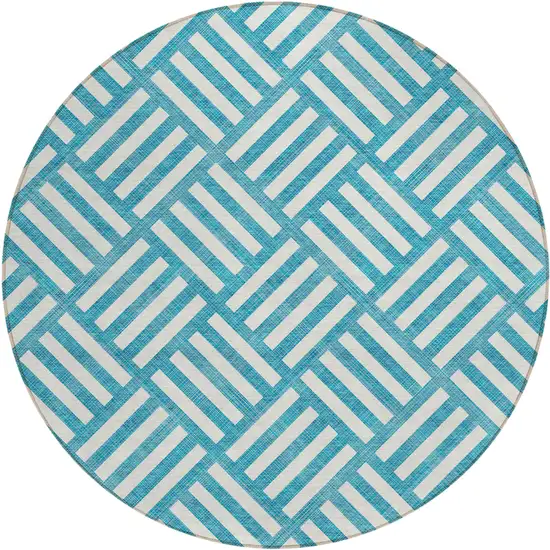 8' Teal Blue And Ivory Round Geometric Washable Indoor Outdoor Area Rug Photo 2