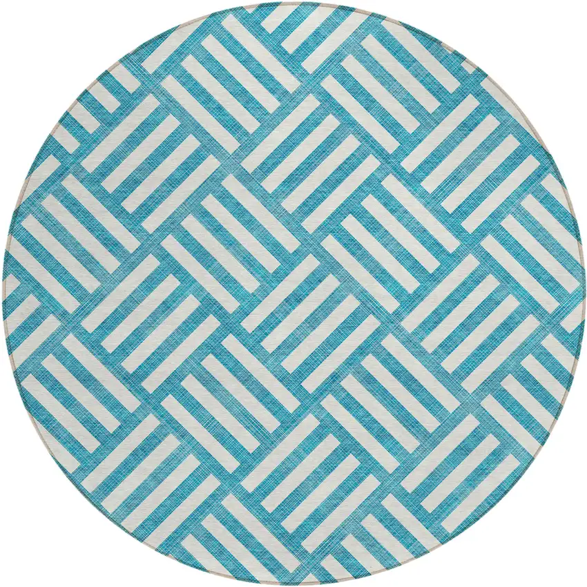 8' Teal Blue And Ivory Round Geometric Washable Indoor Outdoor Area Rug Photo 2