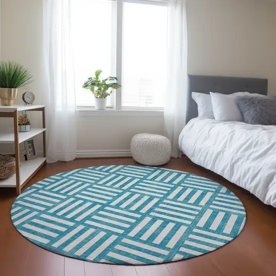 8' Teal Blue And Ivory Round Geometric Washable Indoor Outdoor Area Rug Photo 8