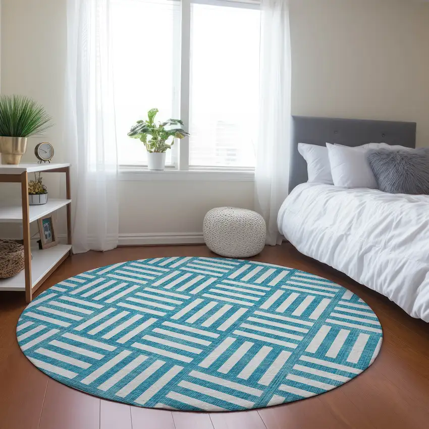 8' Teal Blue And Ivory Round Geometric Washable Indoor Outdoor Area Rug Photo 8