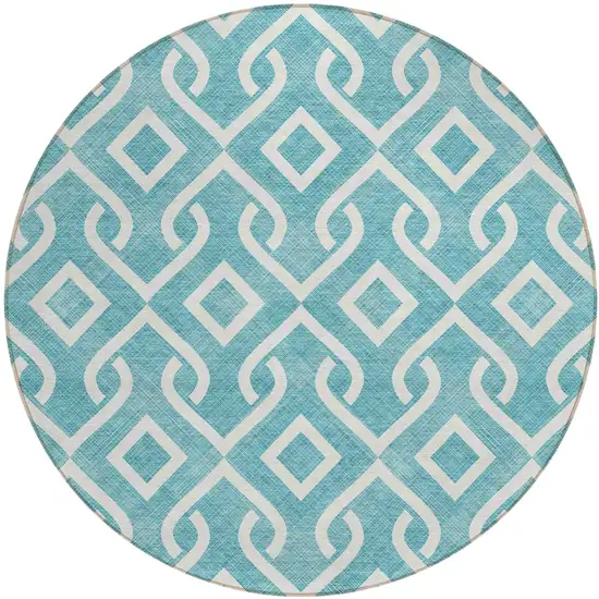 8' Teal Blue And Ivory Round Geometric Washable Indoor Outdoor Area Rug Photo 2