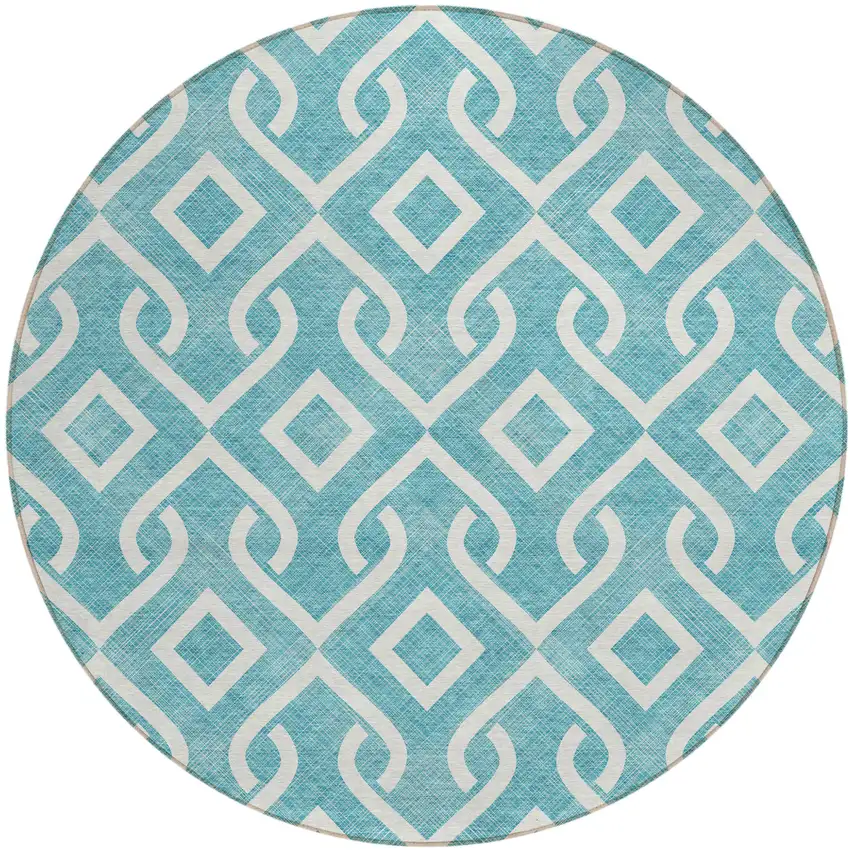8' Teal Blue And Ivory Round Geometric Washable Indoor Outdoor Area Rug Photo 2