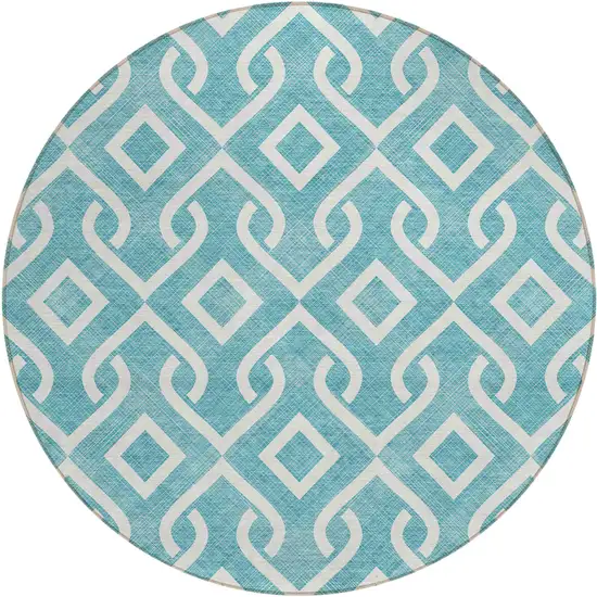 8' Teal Blue And Ivory Round Geometric Washable Indoor Outdoor Area Rug Photo 2