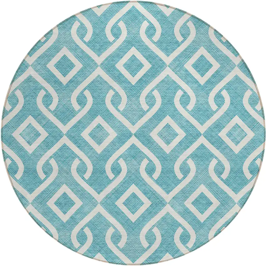 8' Teal Blue And Ivory Round Geometric Washable Indoor Outdoor Area Rug Photo 2
