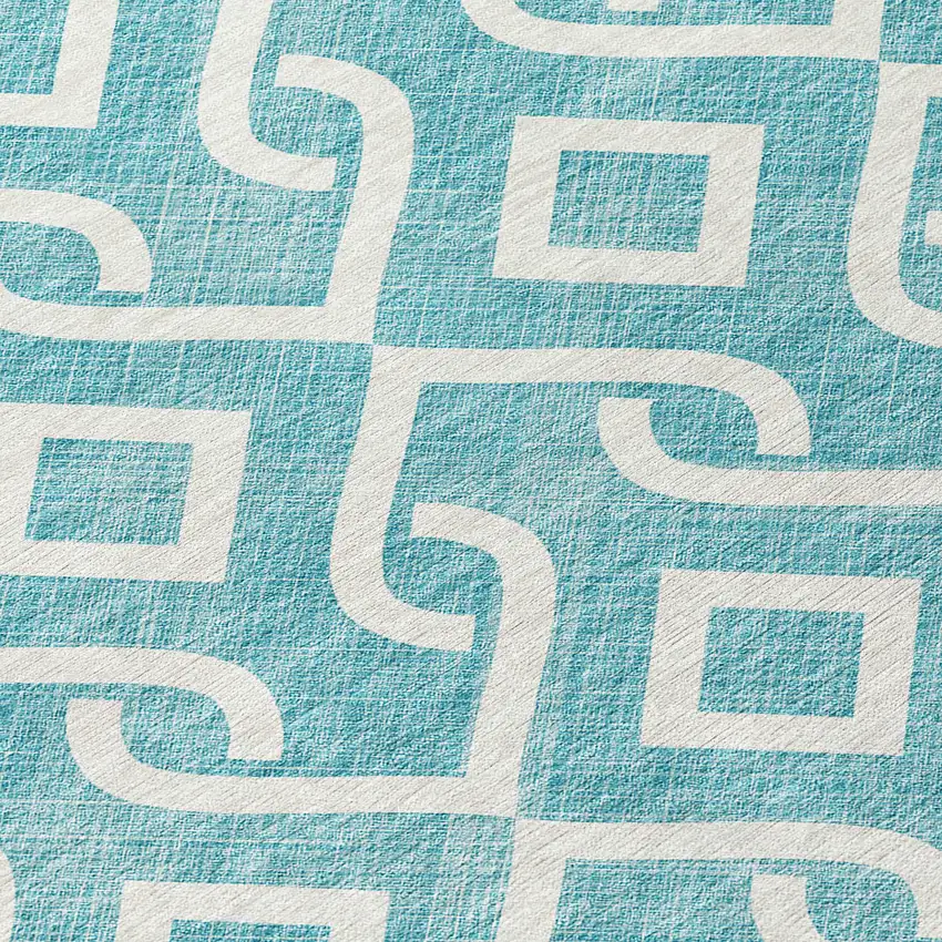 8' Teal Blue And Ivory Round Geometric Washable Indoor Outdoor Area Rug Photo 7