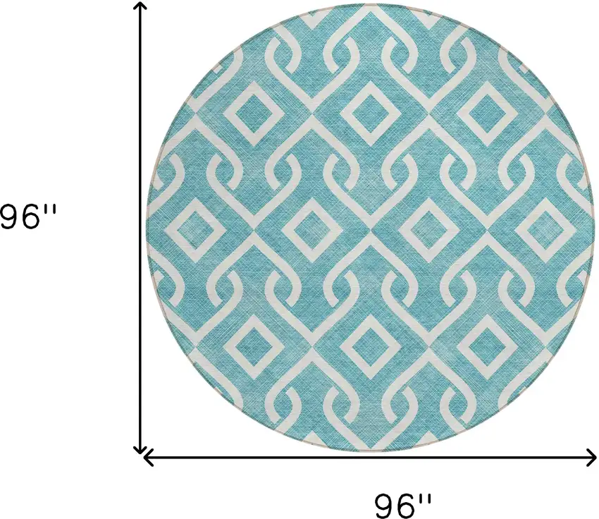 8' Teal Blue And Ivory Round Geometric Washable Indoor Outdoor Area Rug Photo 3