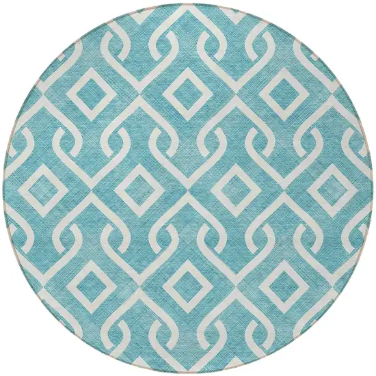 8' Teal Blue And Ivory Round Geometric Washable Indoor Outdoor Area Rug Photo 4