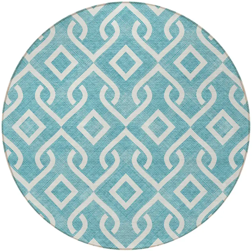 8' Teal Blue And Ivory Round Geometric Washable Indoor Outdoor Area Rug Photo 4
