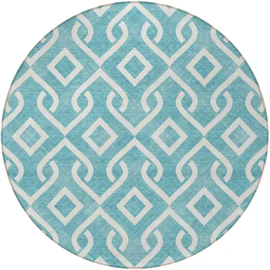 8' Teal Blue And Ivory Round Geometric Washable Indoor Outdoor Area Rug Photo 4
