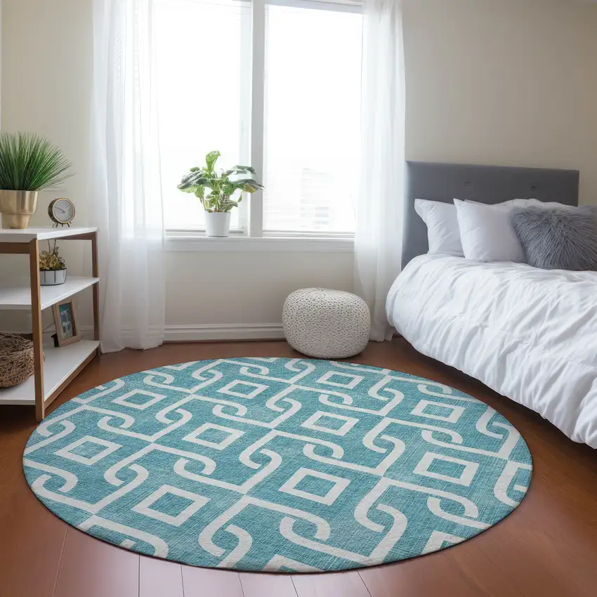 8' Teal Blue And Ivory Round Geometric Washable Indoor Outdoor Area Rug Photo 6