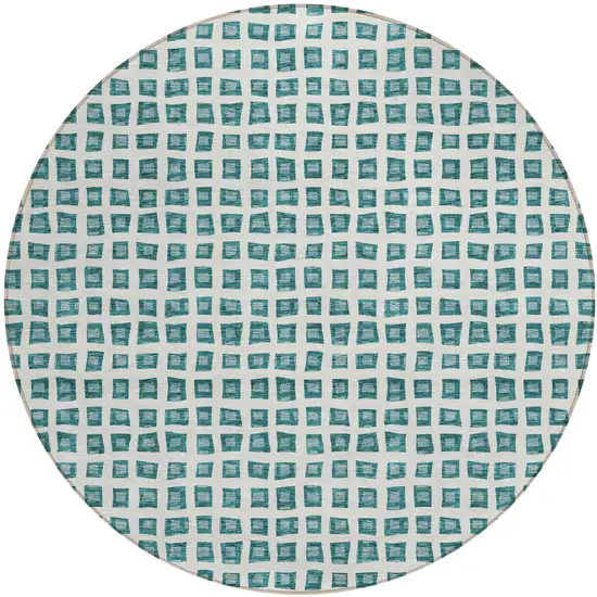 8' Teal Blue And Ivory Round Geometric Washable Indoor Outdoor Area Rug Photo 1