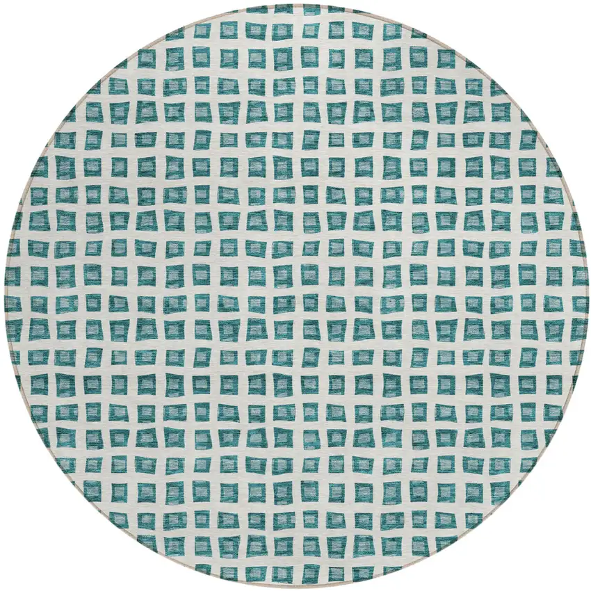 8' Teal Blue And Ivory Round Geometric Washable Indoor Outdoor Area Rug Photo 1