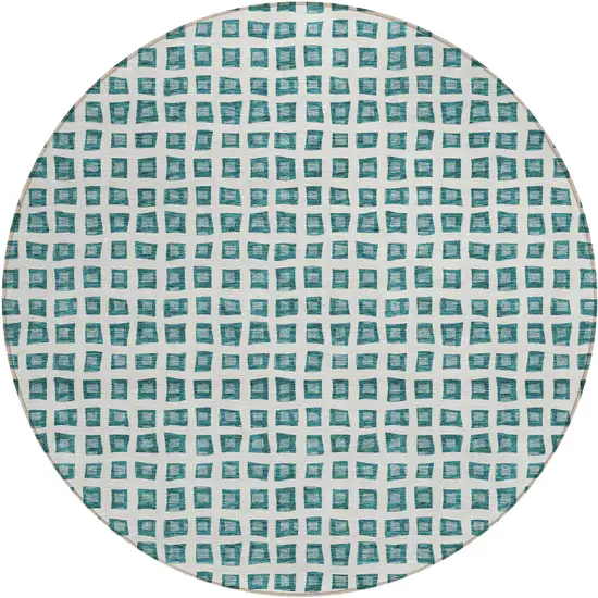8' Teal Blue And Ivory Round Geometric Washable Indoor Outdoor Area Rug Photo 1