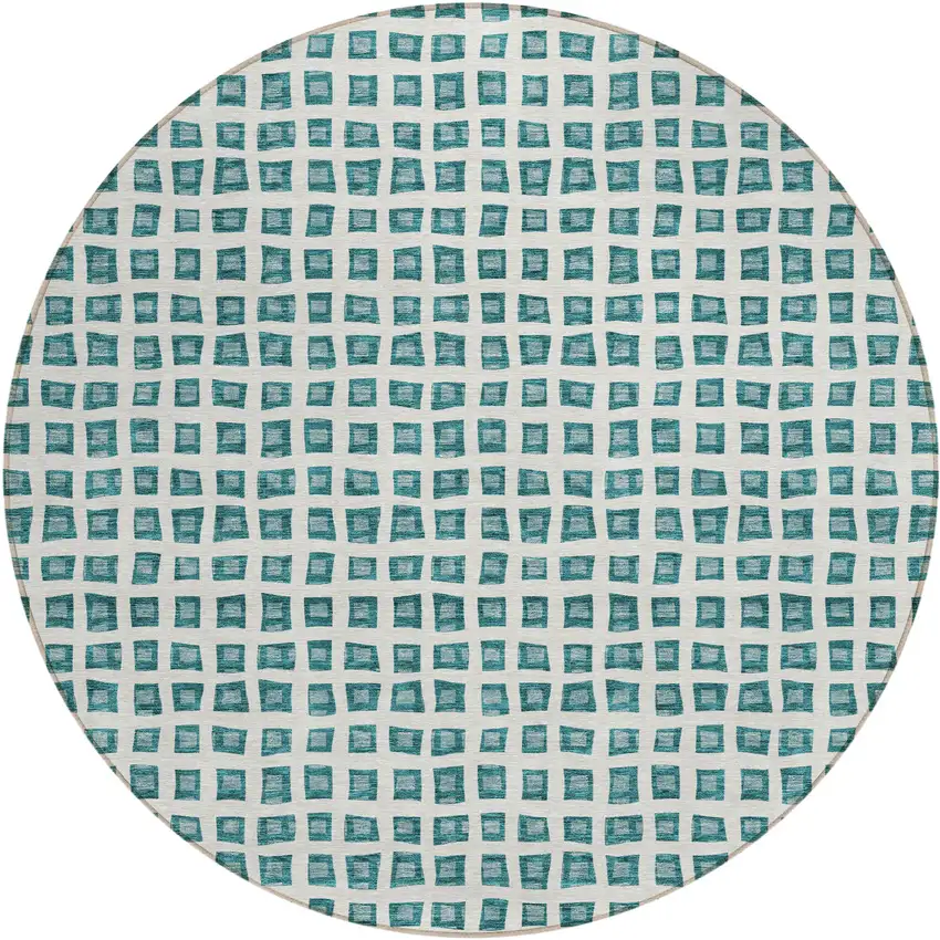 8' Teal Blue And Ivory Round Geometric Washable Indoor Outdoor Area Rug Photo 1