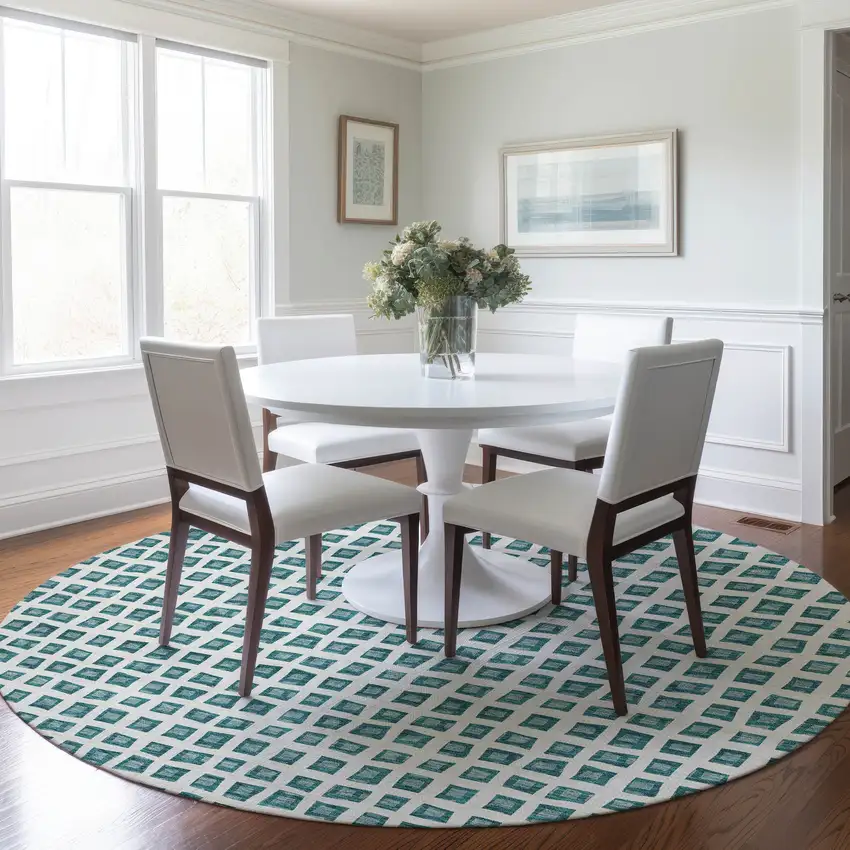 8' Teal Blue And Ivory Round Geometric Washable Indoor Outdoor Area Rug Photo 9