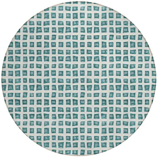8' Teal Blue And Ivory Round Geometric Washable Indoor Outdoor Area Rug Photo 7