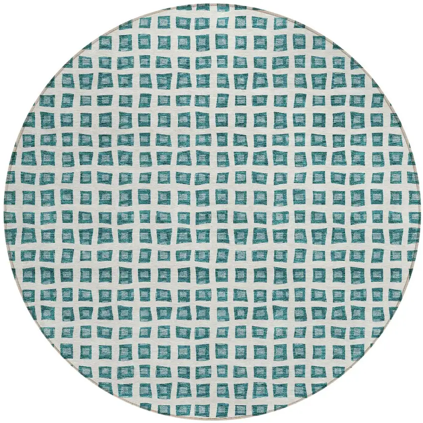 8' Teal Blue And Ivory Round Geometric Washable Indoor Outdoor Area Rug Photo 7