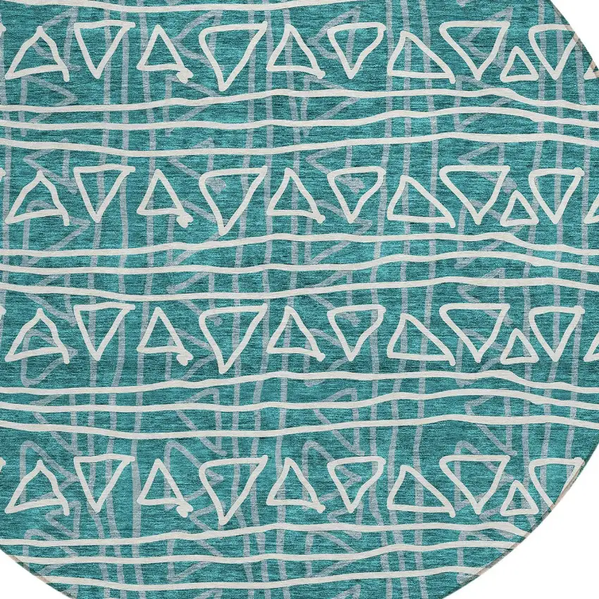 8' Teal Blue And Ivory Round Geometric Washable Indoor Outdoor Area Rug Photo 5