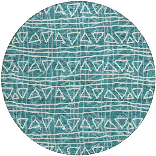 8' Teal Blue And Ivory Round Geometric Washable Indoor Outdoor Area Rug Photo 1