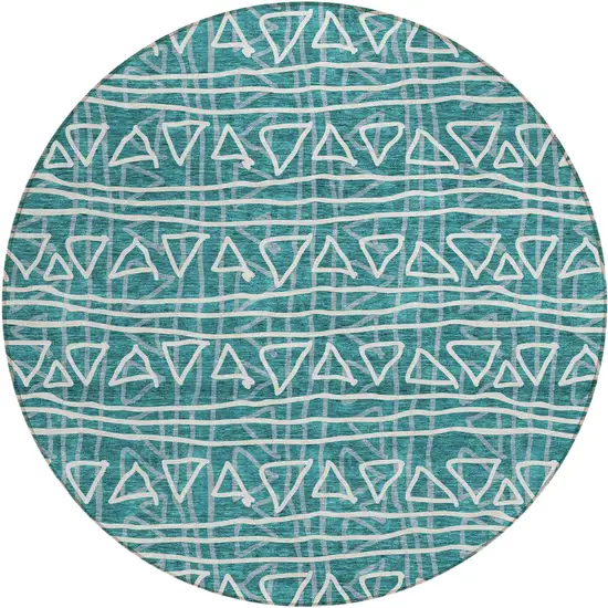 8' Teal Blue And Ivory Round Geometric Washable Indoor Outdoor Area Rug Photo 1