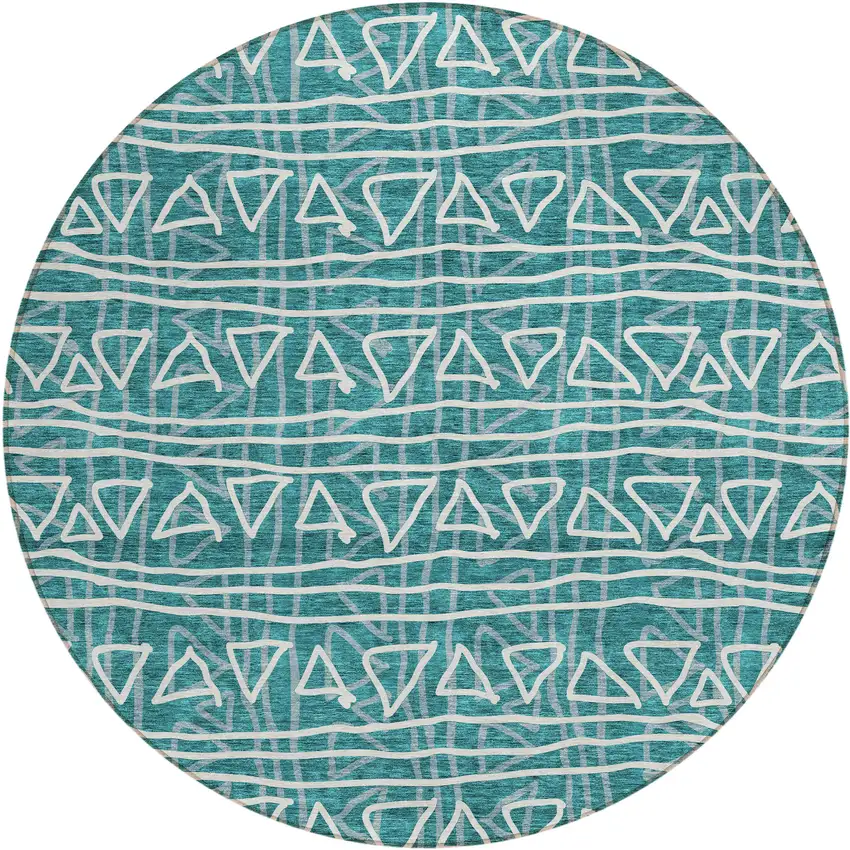 8' Teal Blue And Ivory Round Geometric Washable Indoor Outdoor Area Rug Photo 1