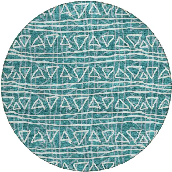 8' Teal Blue And Ivory Round Geometric Washable Indoor Outdoor Area Rug Photo 6