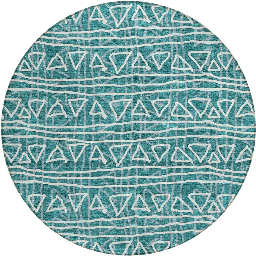 8' Teal Blue And Ivory Round Geometric Washable Indoor Outdoor Area Rug Photo 6