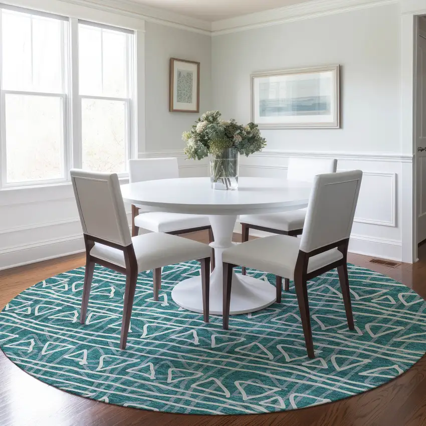 8' Teal Blue And Ivory Round Geometric Washable Indoor Outdoor Area Rug Photo 8