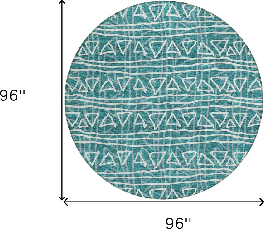 8' Teal Blue And Ivory Round Geometric Washable Indoor Outdoor Area Rug Photo 9