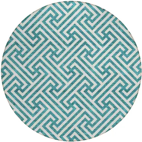 8' Teal Blue And Ivory Round Geometric Washable Indoor Outdoor Area Rug Photo 2