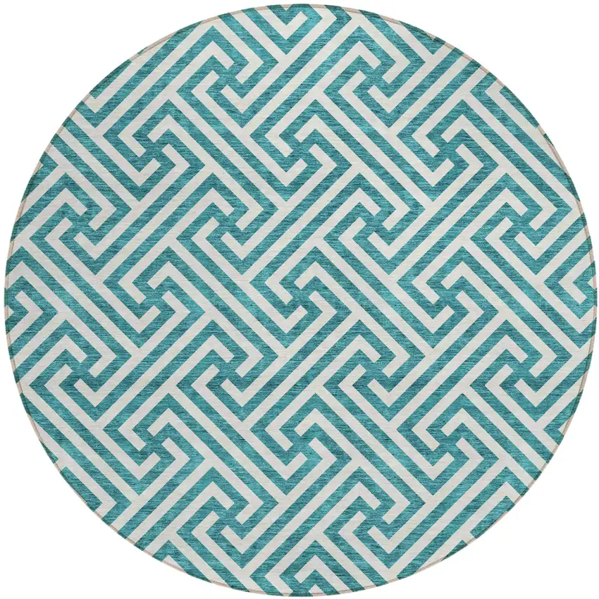 8' Teal Blue And Ivory Round Geometric Washable Indoor Outdoor Area Rug Photo 2