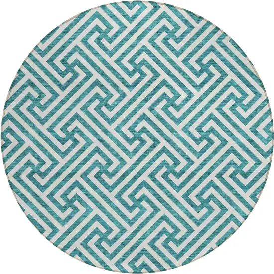 8' Teal Blue And Ivory Round Geometric Washable Indoor Outdoor Area Rug Photo 2