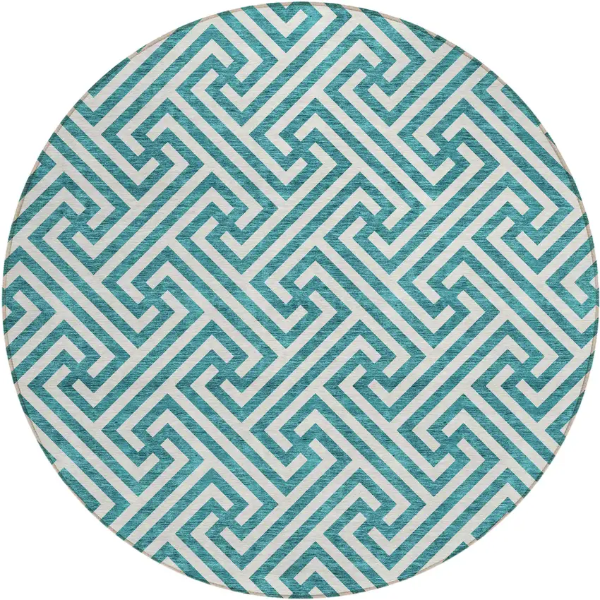 8' Teal Blue And Ivory Round Geometric Washable Indoor Outdoor Area Rug Photo 2