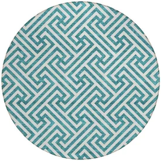 8' Teal Blue And Ivory Round Geometric Washable Indoor Outdoor Area Rug Photo 5