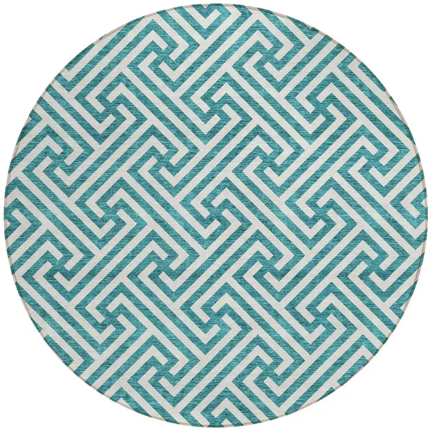8' Teal Blue And Ivory Round Geometric Washable Indoor Outdoor Area Rug Photo 5