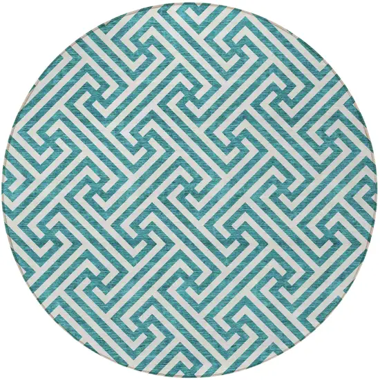 8' Teal Blue And Ivory Round Geometric Washable Indoor Outdoor Area Rug Photo 6