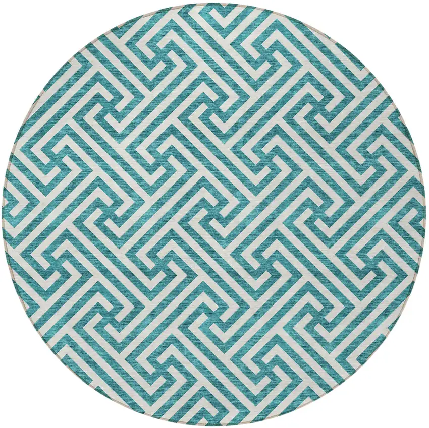 8' Teal Blue And Ivory Round Geometric Washable Indoor Outdoor Area Rug Photo 6
