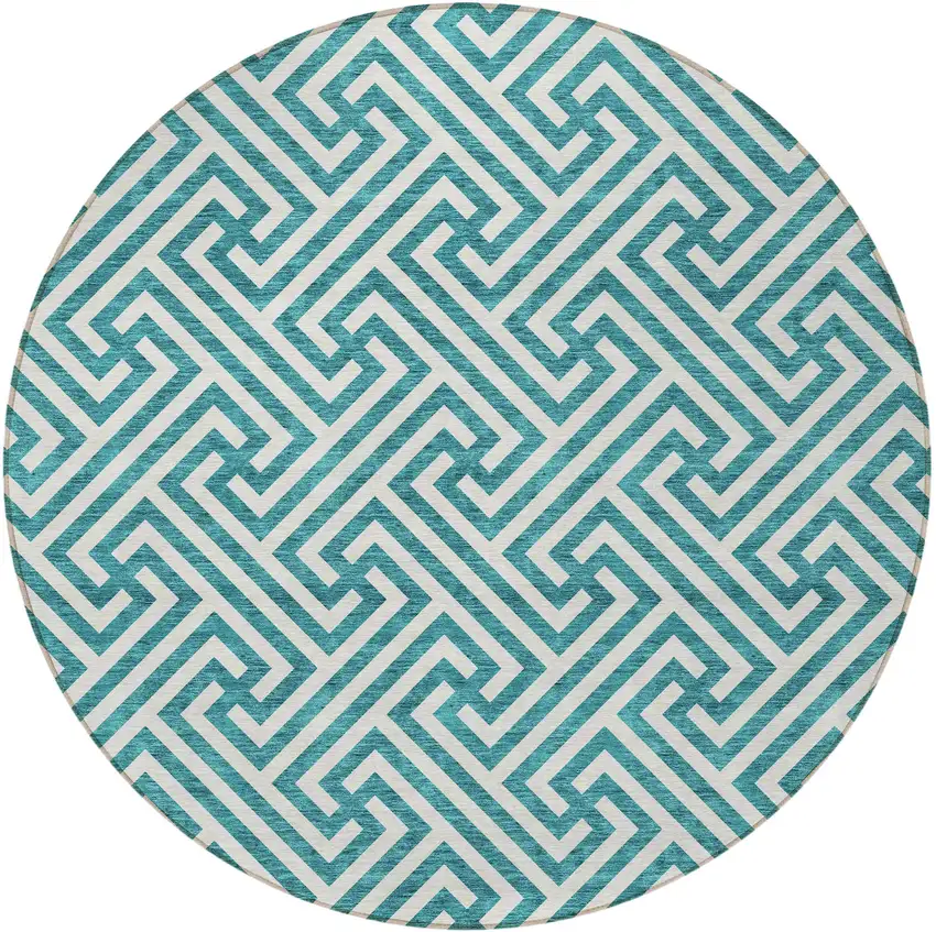 8' Teal Blue And Ivory Round Geometric Washable Indoor Outdoor Area Rug Photo 6