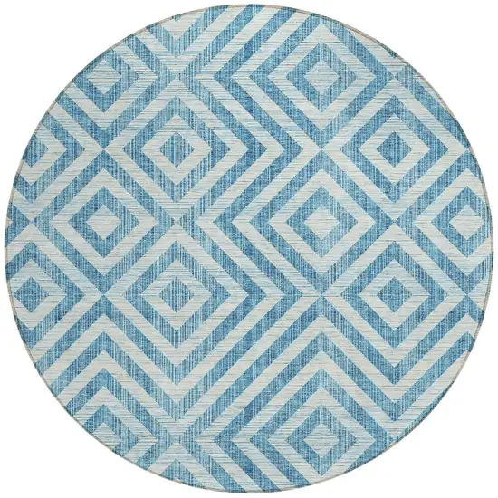 8' Teal Blue And Ivory Round Geometric Washable Indoor Outdoor Area Rug Photo 6