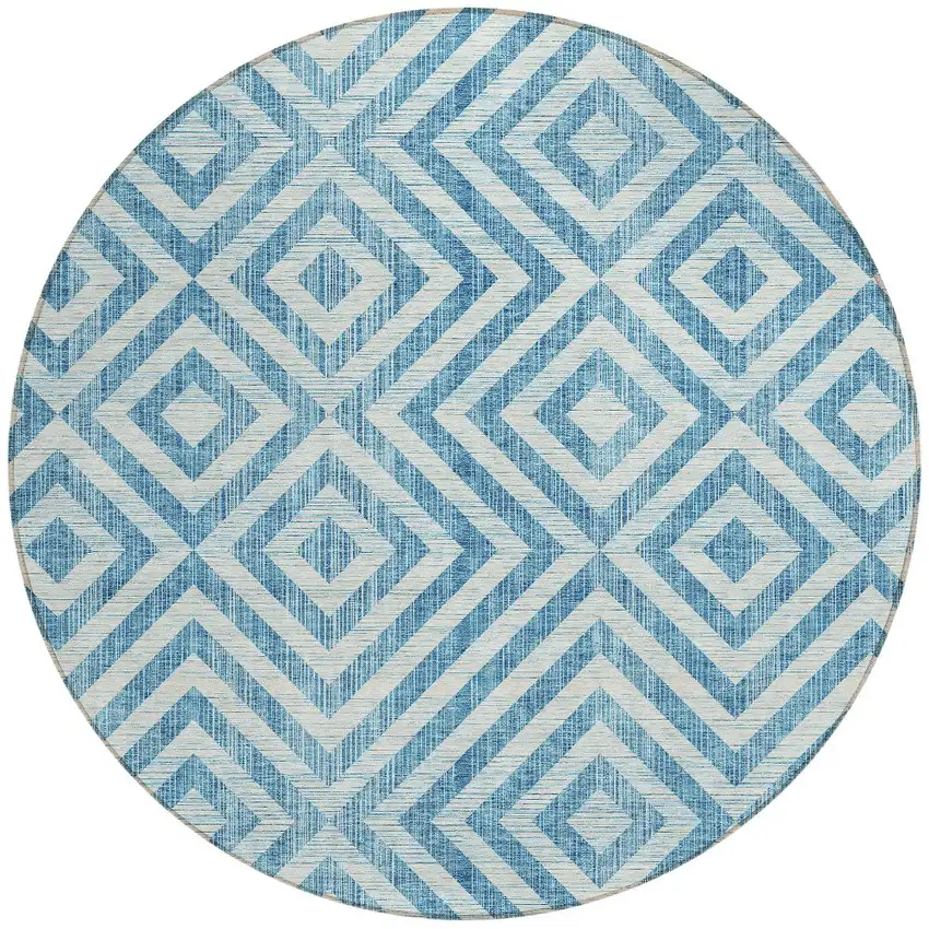 8' Teal Blue And Ivory Round Geometric Washable Indoor Outdoor Area Rug Photo 6