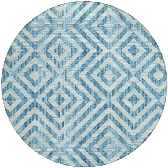 8' Teal Blue And Ivory Round Geometric Washable Indoor Outdoor Area Rug Photo 2