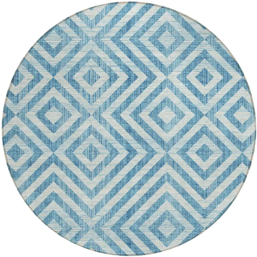 8' Teal Blue And Ivory Round Geometric Washable Indoor Outdoor Area Rug Photo 2