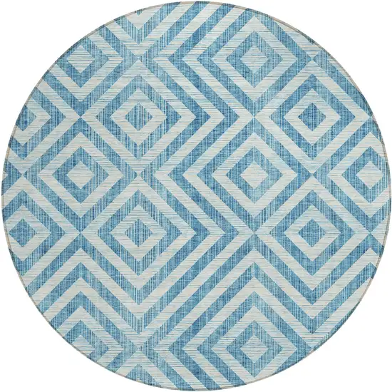 8' Teal Blue And Ivory Round Geometric Washable Indoor Outdoor Area Rug Photo 2