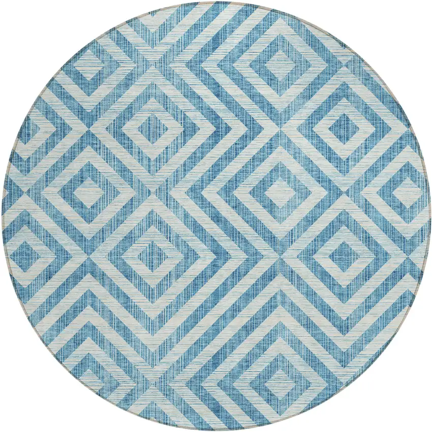 8' Teal Blue And Ivory Round Geometric Washable Indoor Outdoor Area Rug Photo 2