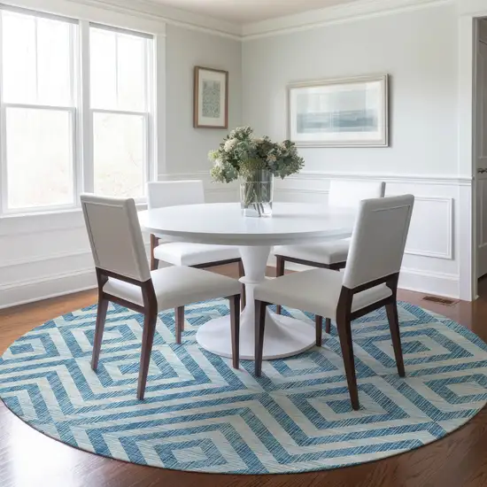 8' Teal Blue And Ivory Round Geometric Washable Indoor Outdoor Area Rug Photo 8