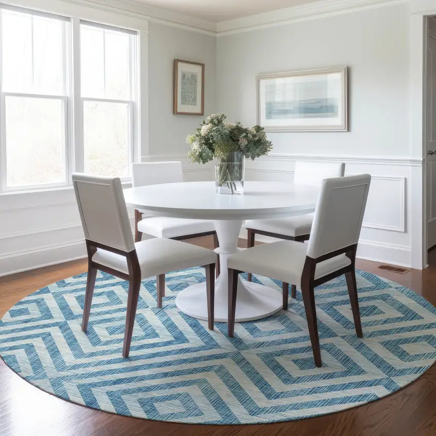 8' Teal Blue And Ivory Round Geometric Washable Indoor Outdoor Area Rug Photo 8