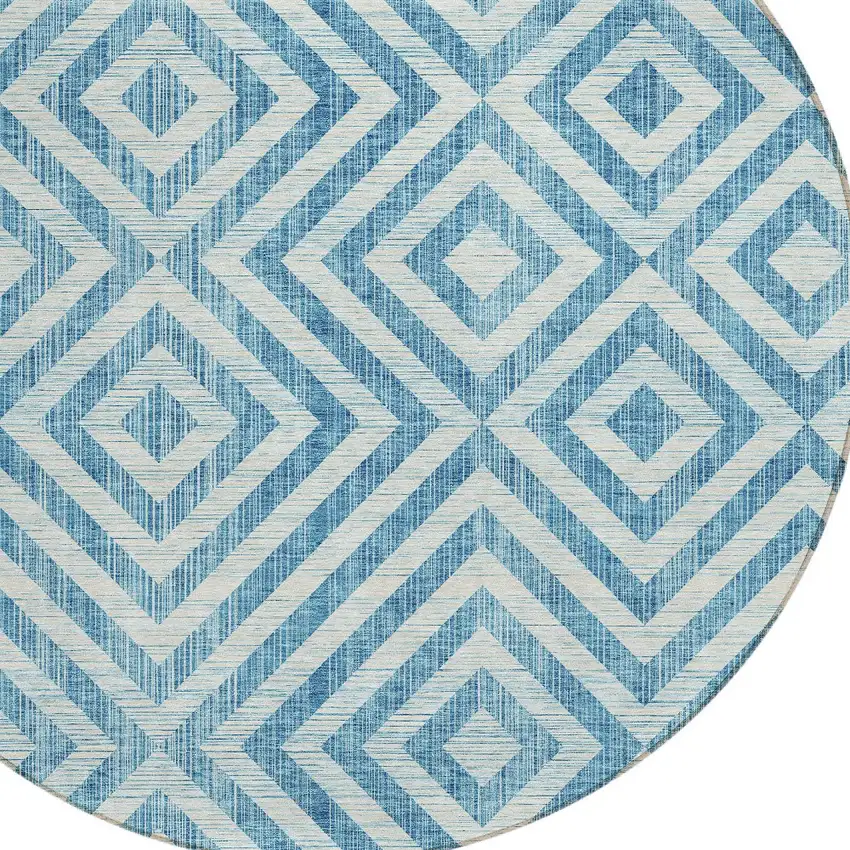 8' Teal Blue And Ivory Round Geometric Washable Indoor Outdoor Area Rug Photo 5