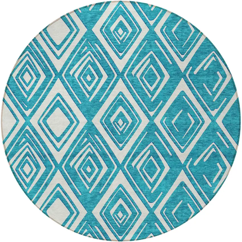 8' Teal Blue And Ivory Round Geometric Washable Indoor Outdoor Area Rug Photo 6