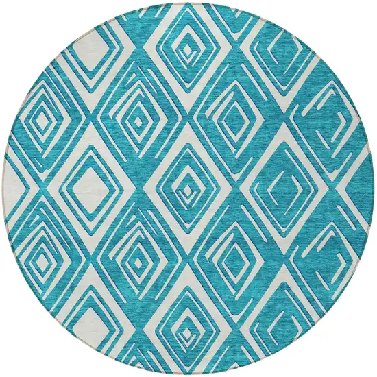 8' Teal Blue And Ivory Round Geometric Washable Indoor Outdoor Area Rug Photo 6